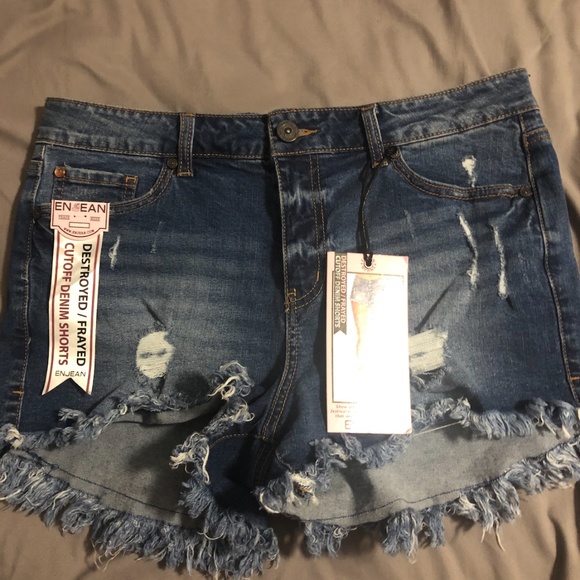 DESTROYED/FRAYED CUTOFF DENIM SHORTS - Picture 1 of 6